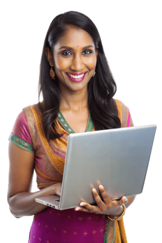Woman in traditional attire working on a laptop png