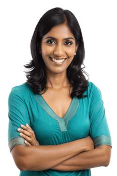 Smiling woman with crossed arms in a teal shirt png