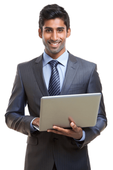 Smiling man using laptop indoors png