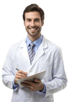 Smiling doctor in a white coat holds a clipboard png