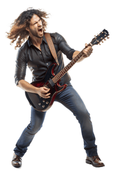 Energetic guitarist performing at a music studio png