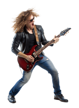 Rock musician performing on stage with guitar png