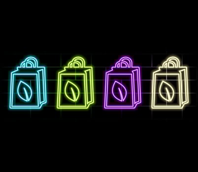 Futuristic glowing low polygonal paper shopping bag with green leaf isolated on dark blue background. Eco shopping concept. Modern wireframe design vector