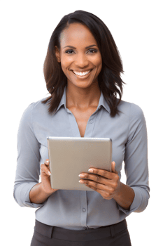 Happy woman with tablet in work setting png