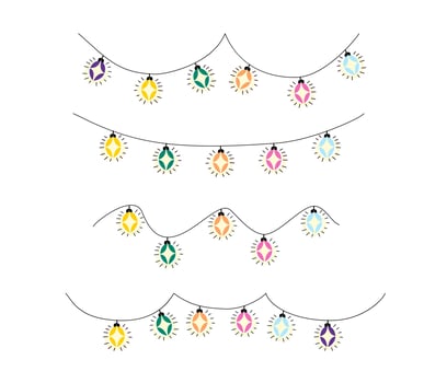 Festive glowing lights on a white background. Colorful bulb garlands. Christmas and New Year s greeting card designs. Winter holiday decoration element. vector