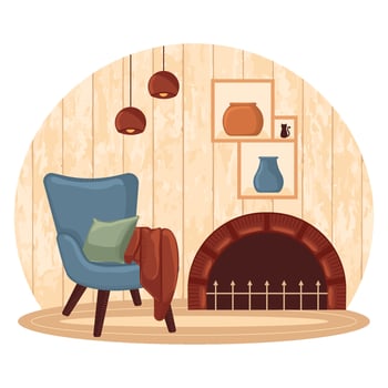 Living room with cozy chair, fireplace, and wall decor, vector