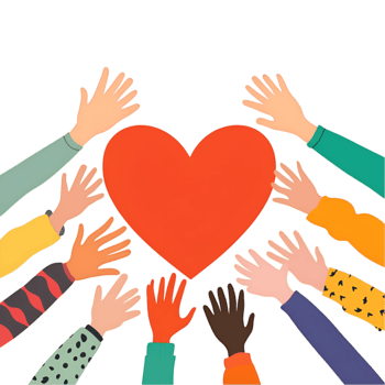 Diverse hands reaching towards a heart illustration on a transparent background png