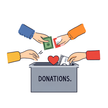 Donation box with hands giving money and hearts isolated on a transparent background png