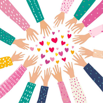 Colorful hands reaching for hearts on a transparent background png