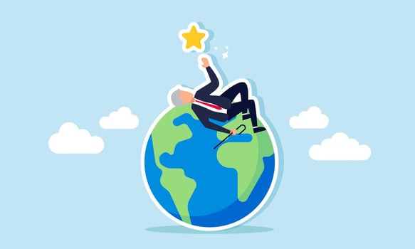 An elderly businessman lies on the earth and reaches for a star, illustration of the enjoyment of success from his hard work in business and being the best in the world vector
