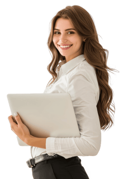 business woman holding laptop while smiling looking away on transparency background png