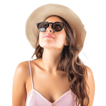 young woman wearing a summer hat and sunglasses looking up , standing isolate on transparency background png