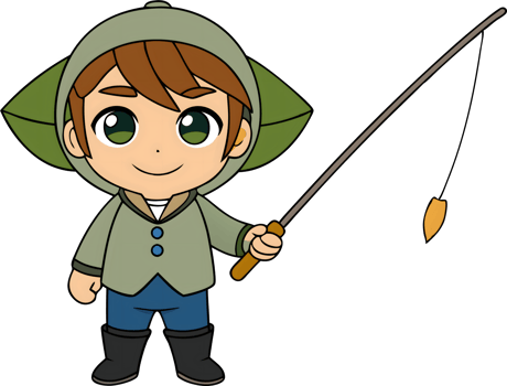 A cartoon boy in a green hat and green jacket holding a fishing rod png