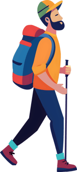 A man with a backpack and hiking poles png