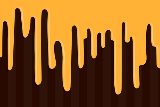 Beautiful, realistic glossy liquid melted flow with splash and drops on white background with copy space. chocolate background, banner, brochure design layout, flyer. Food illustration vector
