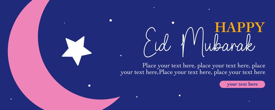 Ramadan Kareem, Eid Mubarak, Eid al Adha, and Eid al Fitr minimal flat horizontal illustration with calligraphy, crescent and geometric blue background for banner, greeting card, poster, social media vector