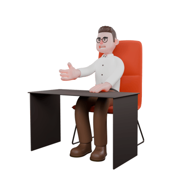 Animated Professional Sociologist. A male sociologist is sitting on a desk chair while stretching his hands forward. Cartoon png