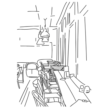 Black and white line drawing of cafe front door png