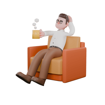 3D Social Expert Sociologist. A male sociologist is sitting on a sofa with a cup in his right hand and his head in his left hand. Social Research Model png