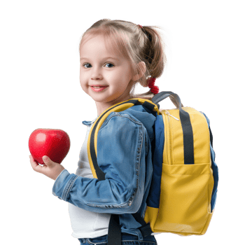 Happy girl with school backpack with red apple, standing isolate on transparency background png