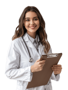 Smiling female doctor holding clipboard isolate on transparency background png
