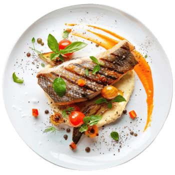 floated Grilled fish with lentil puree and vegetables seen falling into a plate isolate on transparency background png