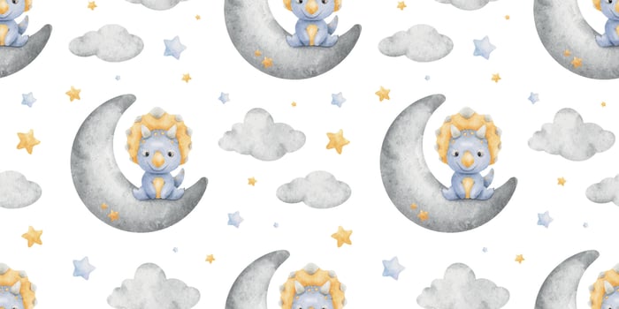 Blue baby dinosaur sitting on Crescent Moon, clouds, stars. Print with triceratops. Watercolor seamless pattern. Background for design kid's goods card, postcard, fabric, scrapbooking, office supplies vector