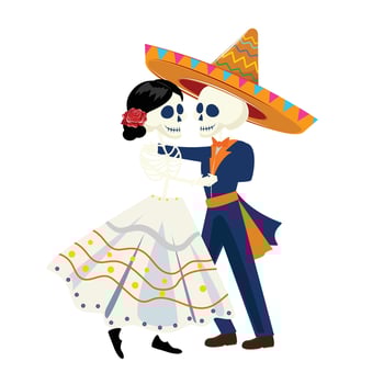 Festive dance of skeletons, female in a skirt with roses, male in a suit and sombrero, Dia de los Muertos vector