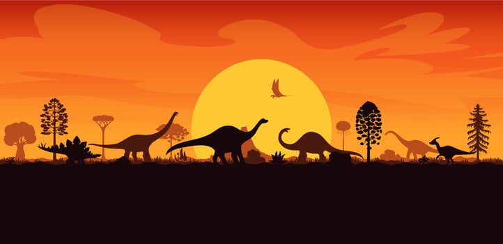 Dinosaurs silhouettes, sunset landscape background vector