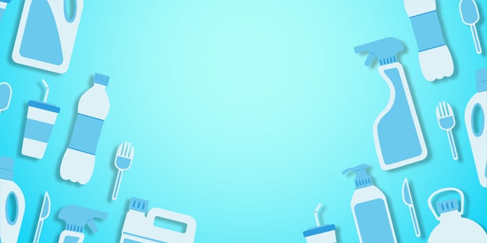 Disposable plastic. Copy space. Flat lay. Bottle, glass, spoon, knife, canister, spray. Objects in a flat style on the sides. Place for text in the center vector