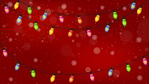 Christmas lights with LED lights hanging on red background. Flat illustration for greeting cards and other graphic designs. vector