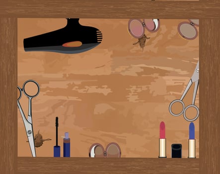 Hairdressing supplies forming a frame on wooden shelf background vector