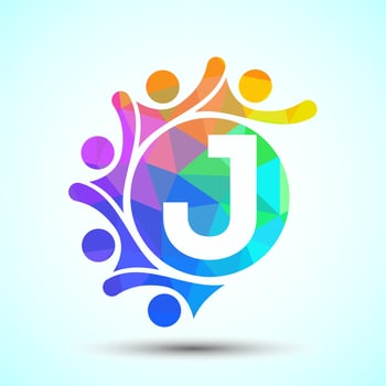 Initial alphabet J with connecting people. Team, cooperation logo sign symbol vector