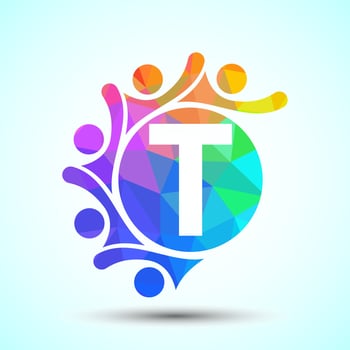 Initial alphabet T with connecting people. Team, cooperation logo sign symbol vector