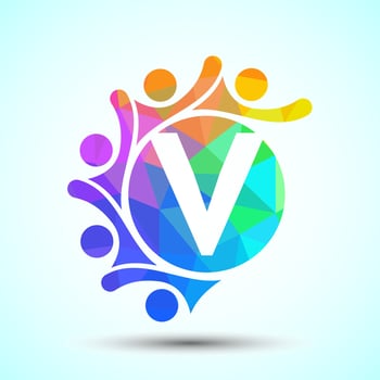 Initial alphabet V with connecting people. Team, cooperation logo sign symbol vector