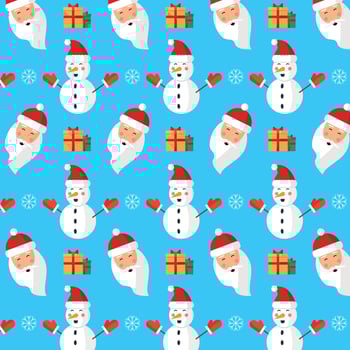 Seamless pattern with Santa, snowman and gifts on blue background. vector