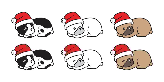 dog french bulldog santa claus hat christmas icon puppy pet cartoon character sleeping doodle symbol tattoo illustration clip art isolated design vector