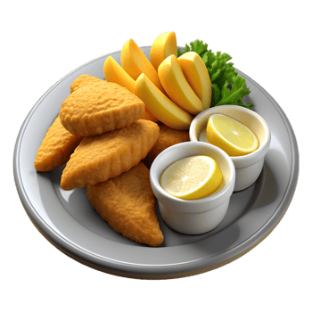 3D render of traditional fish and chips with tartar sauce png