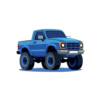 A blue truck with large tires is against a white background. vector