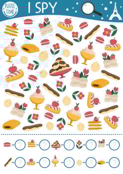 France I spy game for kids. Searching and counting activity with traditional French desserts. Printable worksheet for preschool children. Simple spotting puzzle with macaroon, mousse, eclair vector