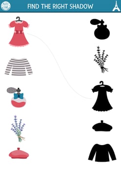 France shadow matching activity. French puzzle with dress, perfume, lavender, beret, stripy shirt. Find correct silhouette printable worksheet. Funny page for kids with traditional symbols vector