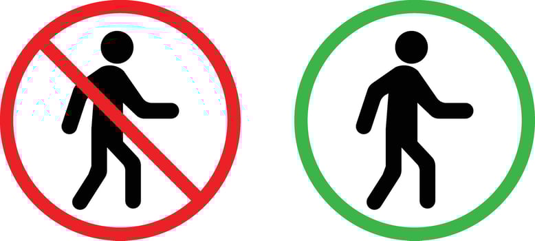 Walk and no walk icon set . Man walk and don't walk icons . illustration vector