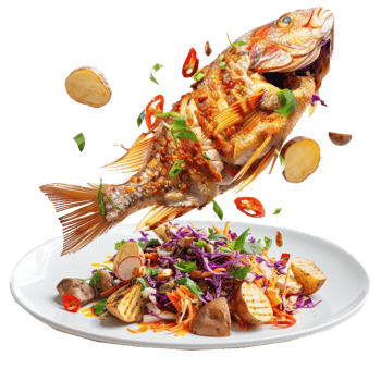 floated fried tilapia with asian slaw and roasted potatoes falling into a plate isolate on transparency background png