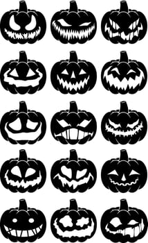 Scary Halloween Pumpkin Black Silhouettes. Hand Drawn Collection Set vector