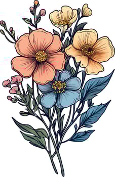 Vibrant Hyperrealistic Bouquet of Peach, Yellow, and Blue Flowers vector