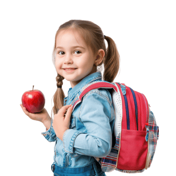 Happy girl with school backpack with red apple, standing isolate on transparency background png