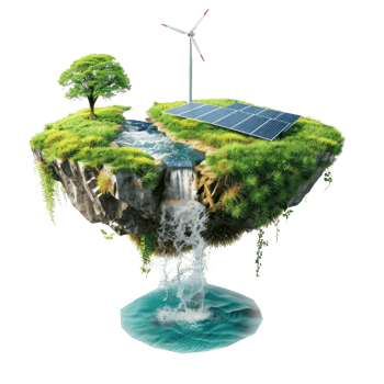 floated green grass island with waterfall and solar panel and wind turbine isolate on transparency background png