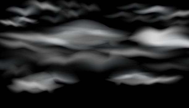 Illustration of white clouds or smoke isolated on black background. Transparent effect. vector