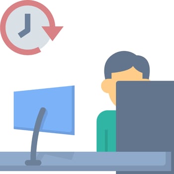 A man is sitting at a desk with a computer and a clock vector