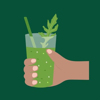 Hand Holding a Green Smoothie with Fresh Arugula on a Dark Green Background vector